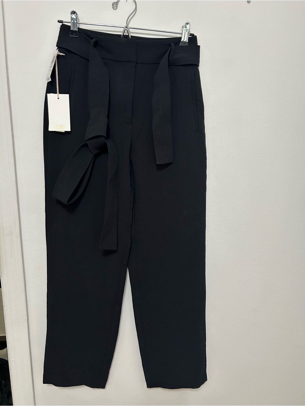 Aritzia Wilfred Black High-Waist Tapered Pants with Tie Belt